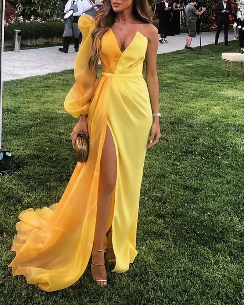 

2019 Women Elegant One Shoulder Maxi Dress Yellow Evening Party V Neck Dress Colorblock Puff Sleeve Mesh Insert High Slit Dress