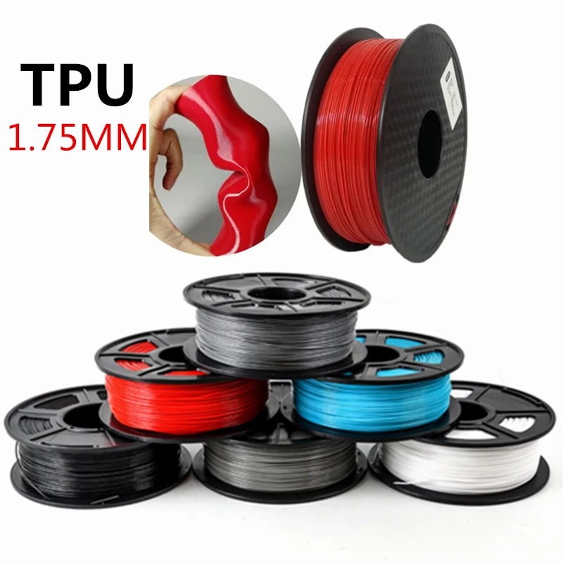 Filamento Flexible de plástico TPU para impresora 3D, materiales de impresión, 1,75mm, 500g/250g, Color azul, negro y rojo