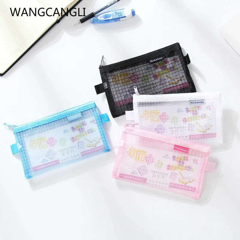 

Student portable stationery bag transparent mesh pen bag mesh bag storage bag large capacity zipper bag solid color square