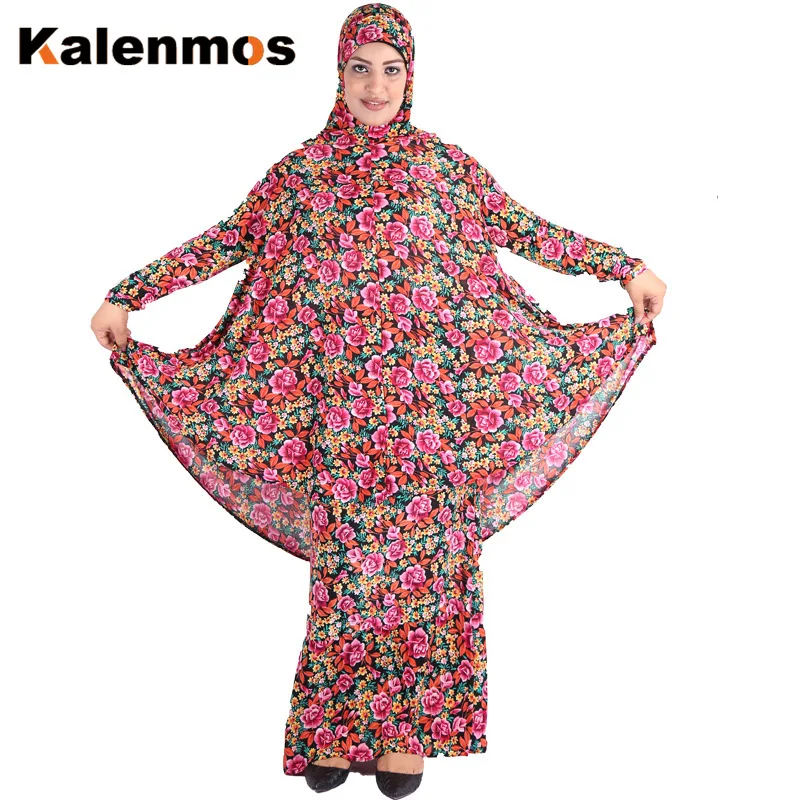 Turquía musulmana 2 piezas de las mujeres oración de Ramadán hiyab largo y falda flor Jilbab túnicas islámicas Abaya maxi vestido