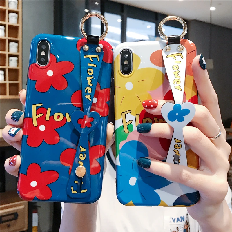 

Floral Flower Case for iPhone 11 Pro Max XR XS Max X Cute Stylish Girly Wrist Strap Phone Cover for iPhone 7 8 6 6S Plus Case