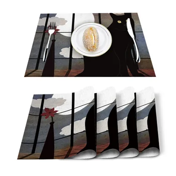 

Cartoon Black Cat Placemat Washable Cotton Linen Table Cloth Pad Mat Rectangle Placemats Heat Resistant