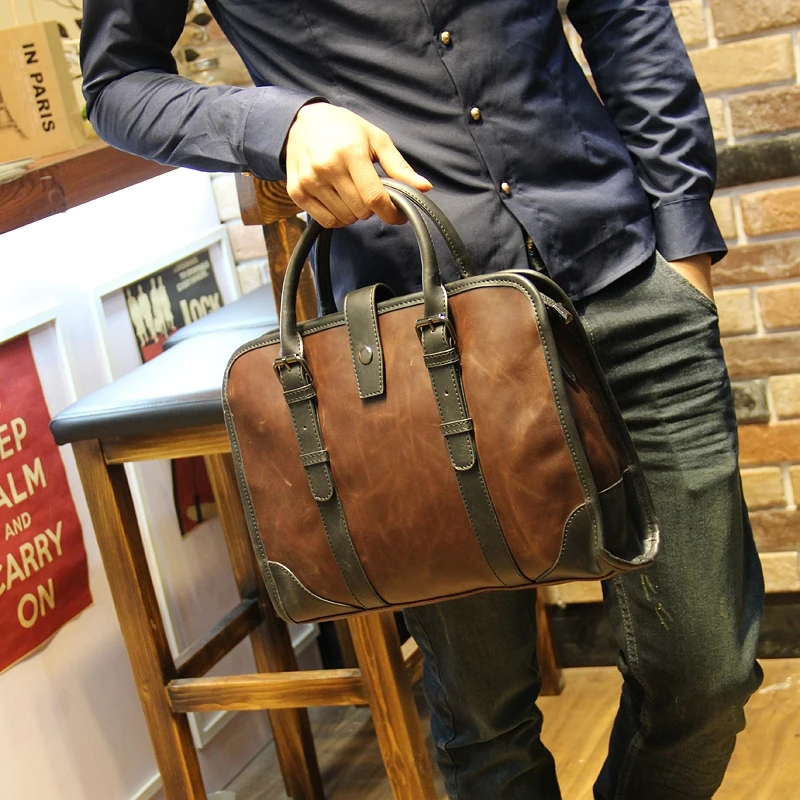 Искусственная кожа Crazy Horse мужской портфель Vintage14 дюймов Большая деловая сумка для ноутбука модная коричневая сумка через плечо