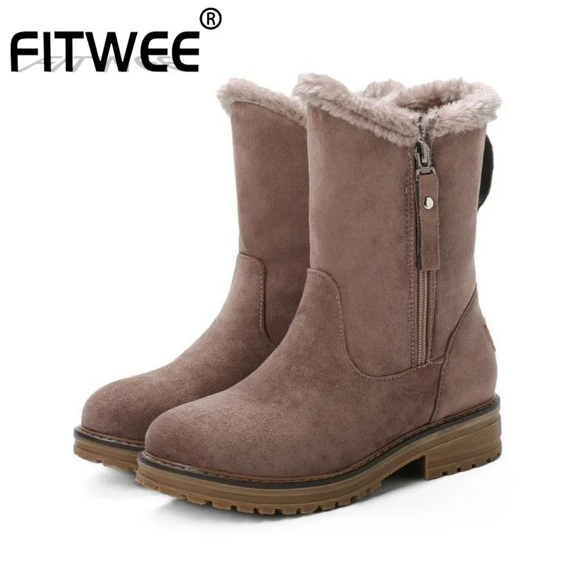 FITWEE Women Zipper Warm Mid Calf Boots Keep Warm Winter Snow Boots Daily Outdoor Flats Daily Shoes Woman Work Size 34-43
