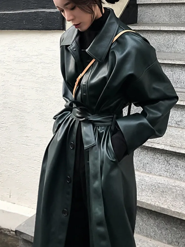Fashion X-Long Autumn Womens Black Leather Jacket Winter Plus Size Single Breasted Faux Leather Coat Female Windbreaker - Цвет: Dark green