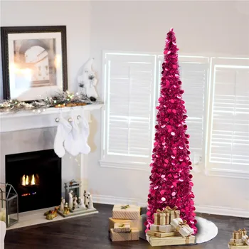 

5ft Pink Pop-Up Artificial Christmas Tree Collapsible Pencil Christmas Trees for Apartment Dorm Rooms Fireplace Xmas Party Decor