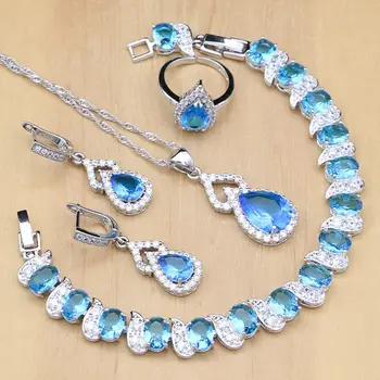

Sky Blue Zircon White Crystal 925 Silver Jewelry Sets For Bridal Women Open Rings/Earrings/Pendant/Bracelet/Necklace Set
