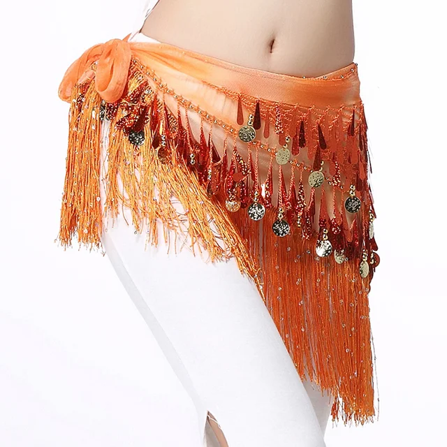 Women Belly Dance Clothing Accessories Teardrop Paillettes Fringe Wrap Elastic Base Tie-Dye Triangle Belts Coins Hip Scarf Orange with sequins