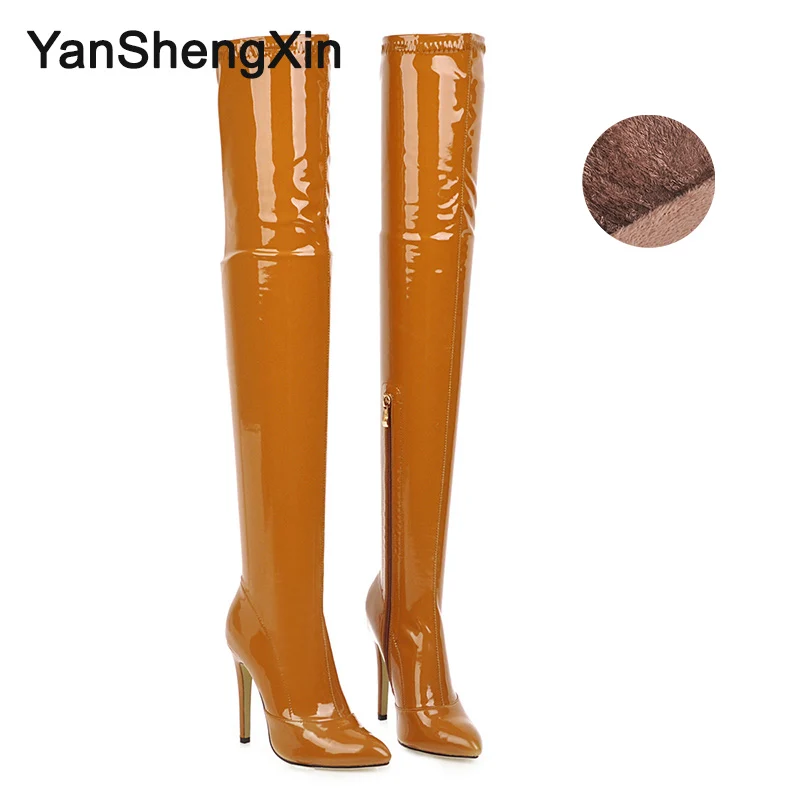Yellow Fur YANSHENGXIN; женские ботинки; очень мягкие растягивающиеся ботинки из лакированной кожи на заказ; женские туфли-лодочки на высоком каблуке 11,5 см - Цвет: Yellow Fur