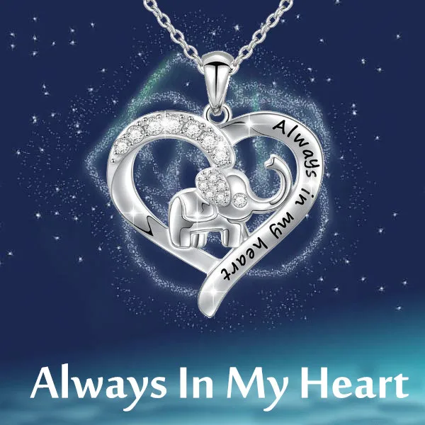 

"Always In My Heart" Silver Elephant Zircon Necklace for Bride Wedding Engagement Pendant Lover's Gift Anniversary Jewelry