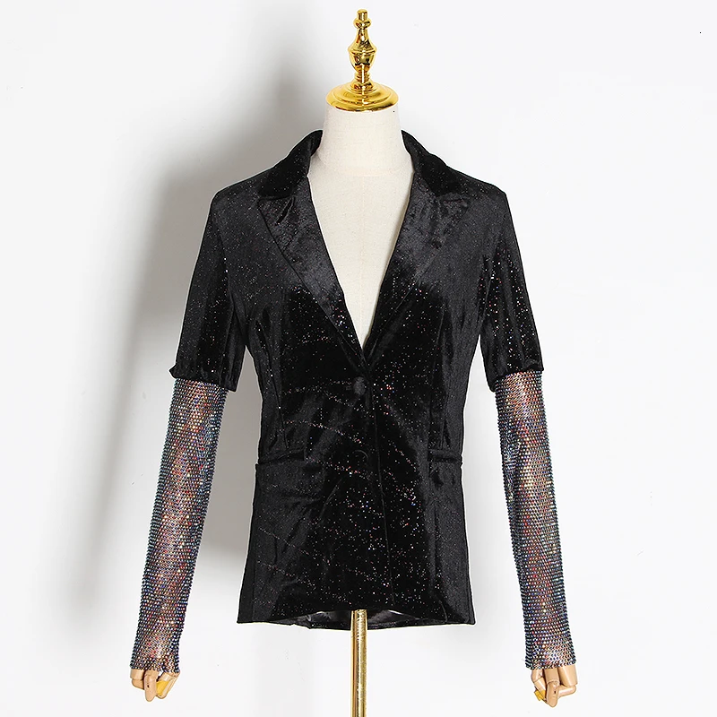 Black VGH, элегантный лоскутный жакет с бриллиантами, женский, зубчатый, длинный рукав, перспектива, женские пальто,, осенняя одежда, мода, новинка - Цвет: Black