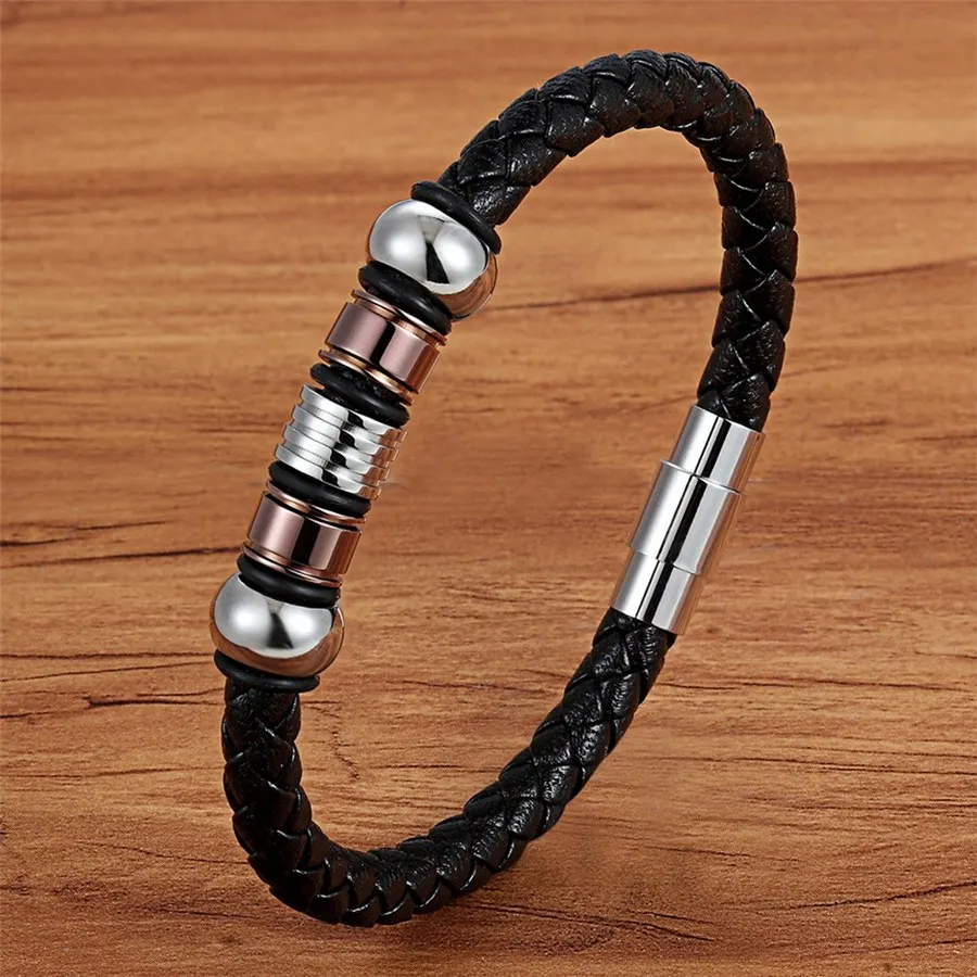 Fashion Stainless Steel Charm Magnetic Black Men Bracelet Leather Genuine Braided Punk Rock Bangles Jewelry Accessories Friend - Окраска металла: BXXG953Rose gold