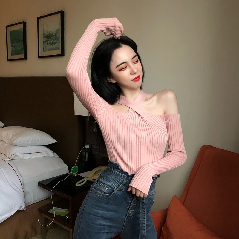 Woherb корейский сексуальный женский Топ вязаный с открытыми плечами свитер женский черный розовый пуловеры Винтаж тонкие женские свитера джемпер