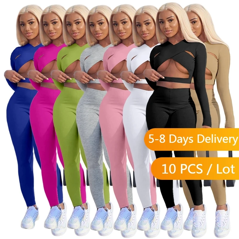 

Bulk Items Wholesale Lots Club Tracksuit Women Sportswear Hollow Out Crop Top and Pants Set Bodycon 2 Piece Sets Womens Outfits