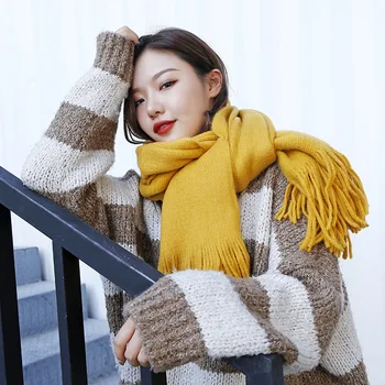 

2020 autumn and winter new lengthened solid color fringed scarf shawl black sweet and fashionable wild warm warm scarf A150