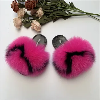 

Children's Fox Fur Slippers Home Non-slip Slides Girls Fluffy Furry Sandals Kids Toddler Slippers Baby Elastic Band Shoes