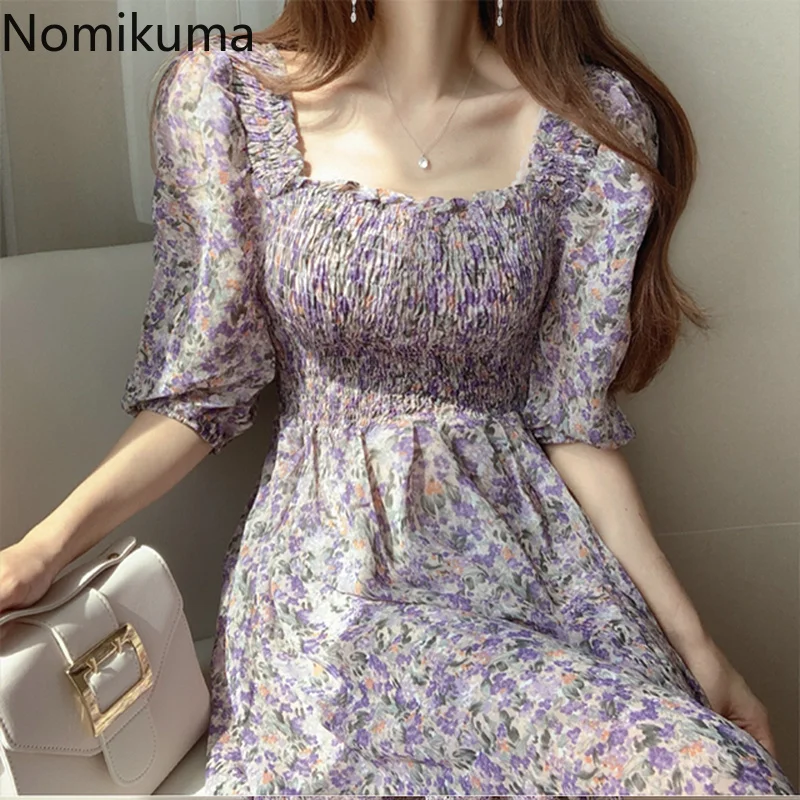 Nomikuma Элегантный квадратный вырез приталенное платье с пышными рукавами женское