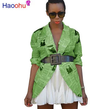 

HAOOHU Autumn Newspaper Printed Jacket Woman Long Sleeve Letter Printed Coat Turn-down Collar Shirt Female Outwear