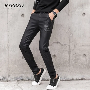 

Black Leather Pants Mens Zippers Korean Fashion Streetwear Punk Skull Patchwork Skinny Faux Leather Pants Men Biker PU Trousers