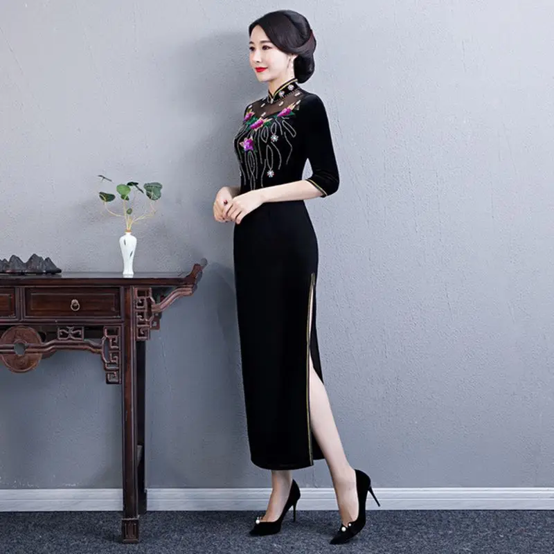 Китайское стильное длинное Чонсам ручной работы из бисера Cheongsam элегантное велюровое платье cheongsam церемониальное Ципао ретро платье