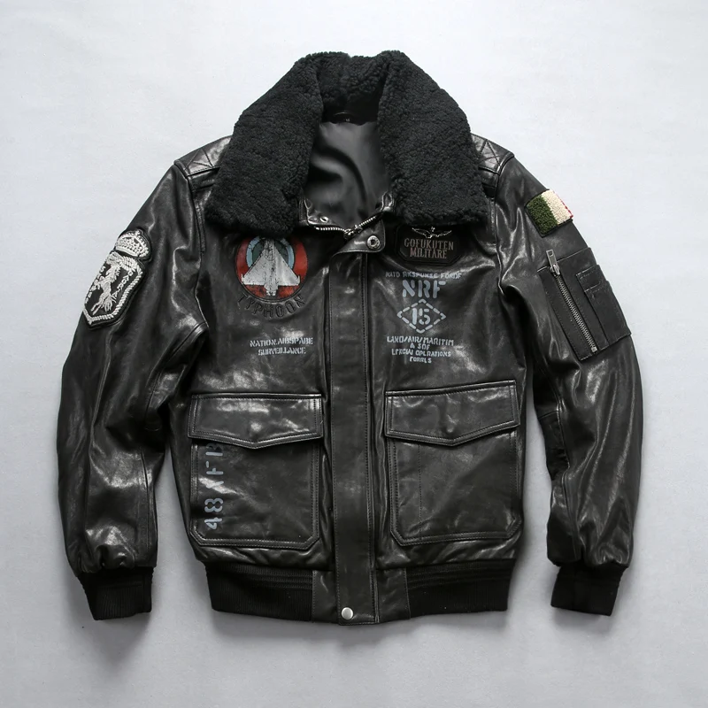 

Factory Men's Black Genuine Leather Jacket Air Force Flight A1 Pilot Jacket Lamb Fur Collar Embroidery Seahorse Sheepskin Coats