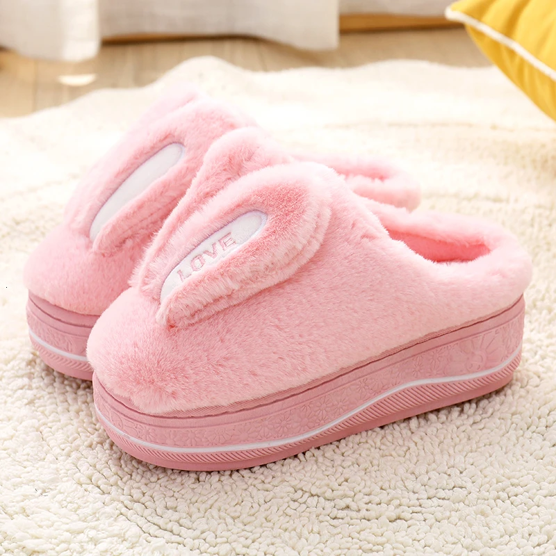 Классические женские меховые тапочки с кроличьими ушками; зимние теплые меховые тапочки на высоком каблуке 5 см; домашняя обувь; zapatillas mujer