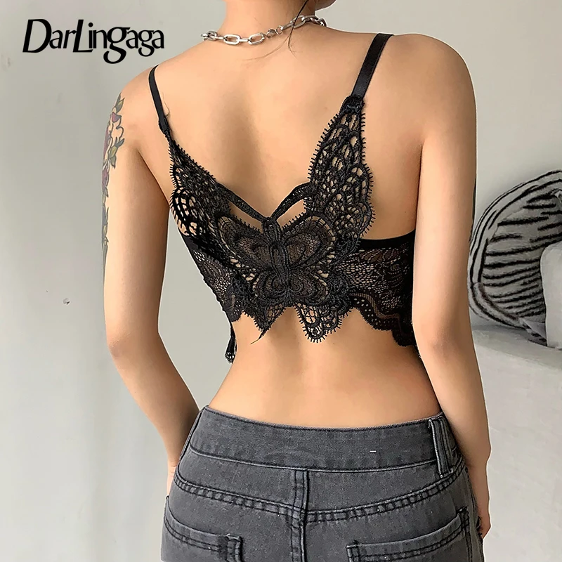 Darlingaga Fashion Chic Black Butterfly Lace Tops Ladies Backless Elegant Transparent Sexy Cropped Tank Top Gothic Summer Vest | Женская