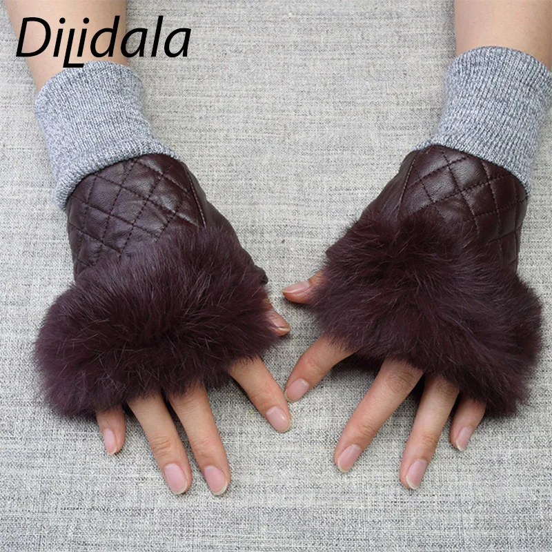 Dilidala Женские зимние кожаные перчатки овчина утолщение плюс бархат короткие ездовые кроличьи меховые без пальцев Высокое качество перчатки