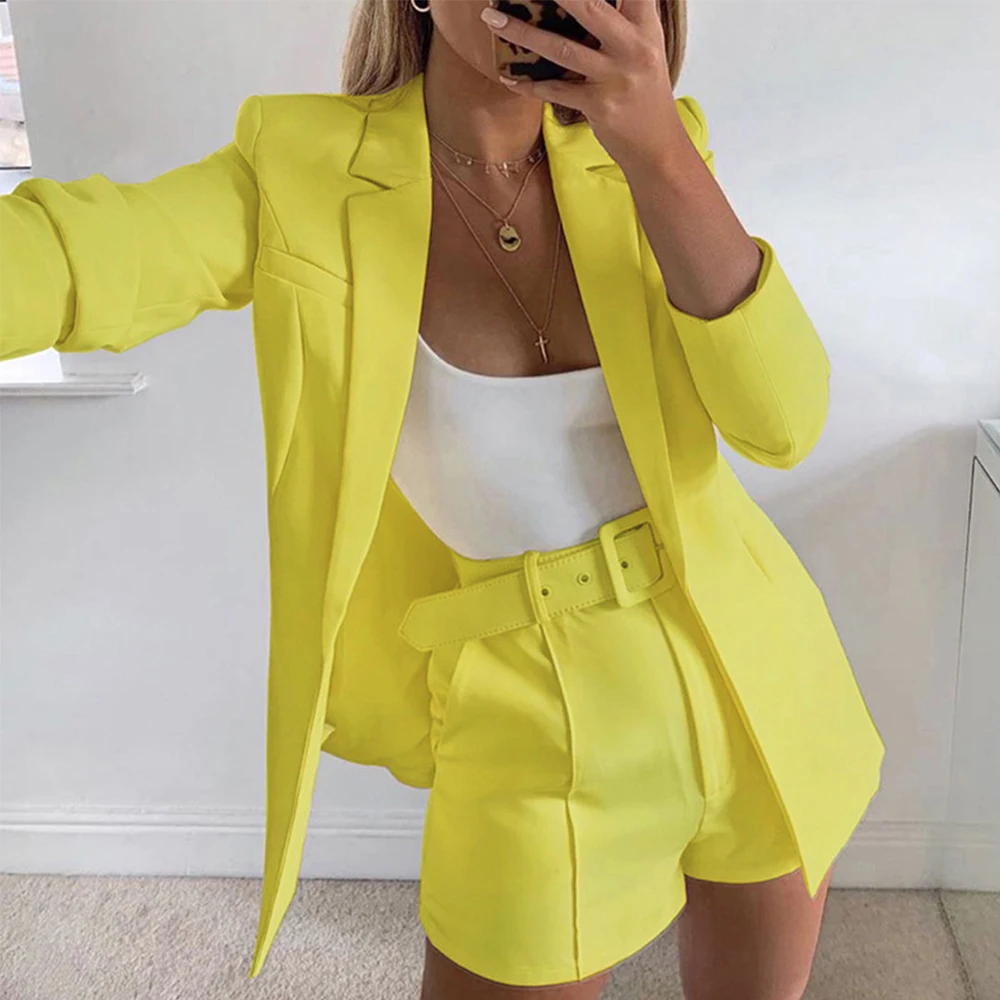 Sexy Blazer Set Women Summer Fashion Long Sleeve Cardigan Jacket +High Waist Short Pants Solid Color Casual Loose Two-piece Suit