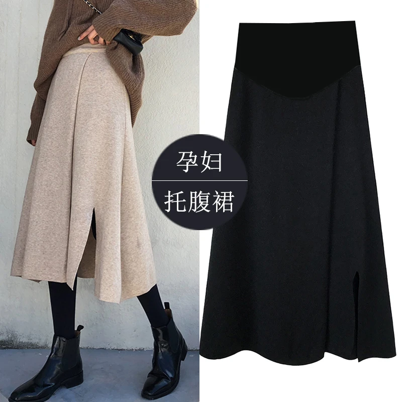 

2020# Side Splits A Line Loose Maternity Skirts Adjustable Elastic Waist Belly Skirts for Pregnant Women Autumn Winter Pregnancy