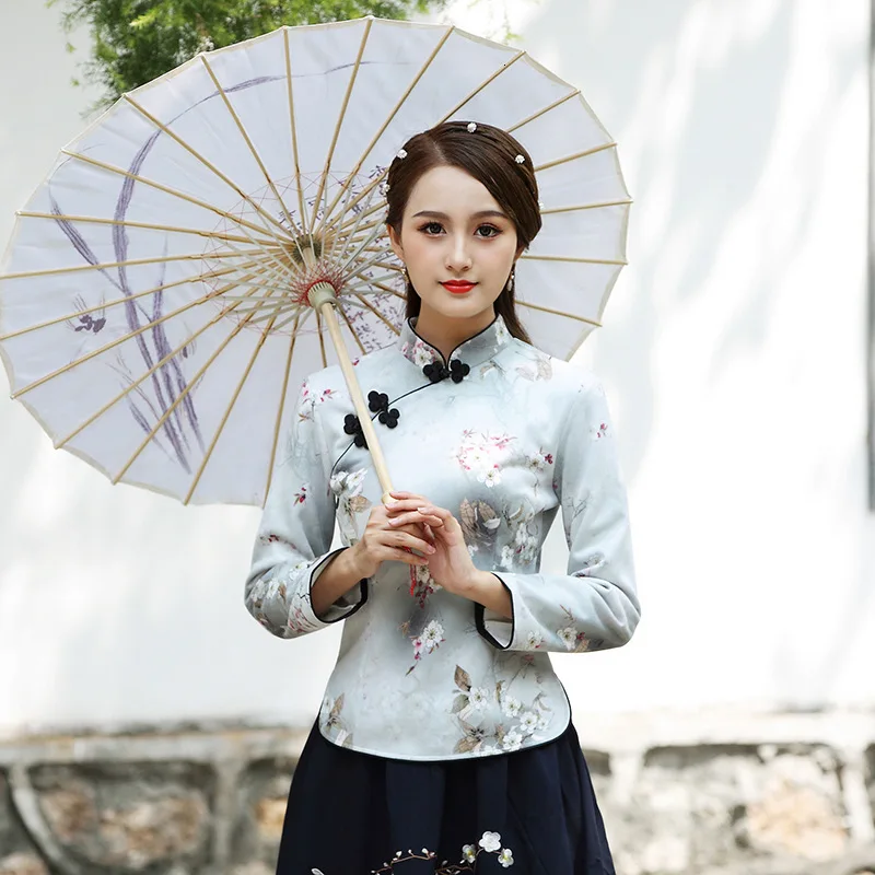 Блузки Qipao рубашки с длинным рукавом китайский стиль печати женский Чонсам Топы традиционная одежда осенние Топы Ципао