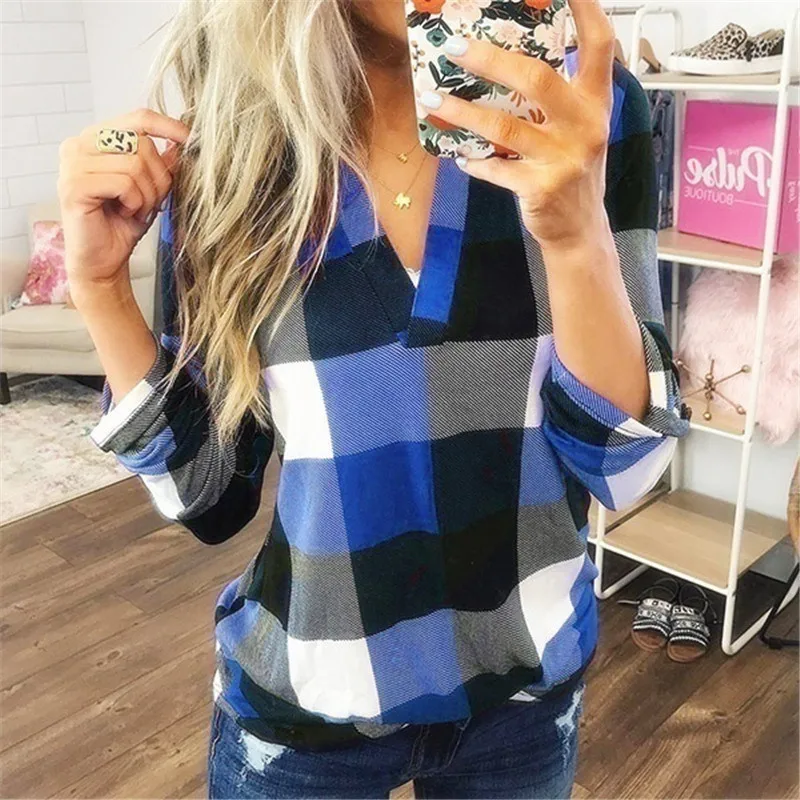 

T Shirt Women Tops 2020 New Spring Autumn Shirt Ropa Mujer Femme Eight Colors Plaid Print V-neck Plus Size Long Sleeve Tshirts