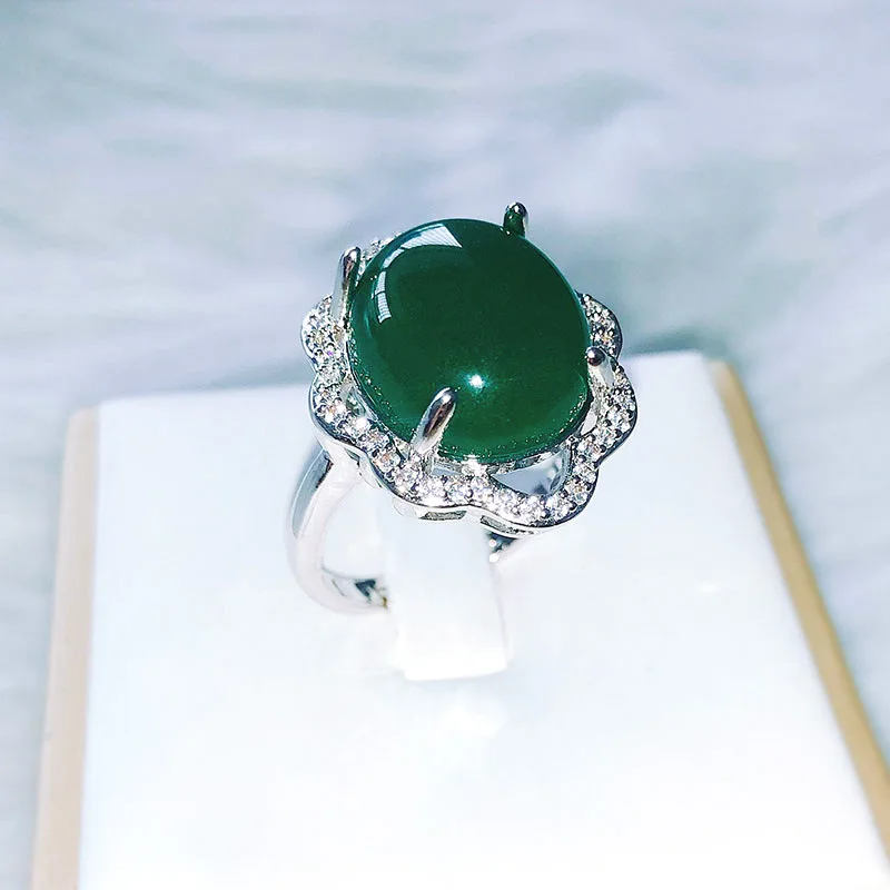 

925 Silver Emerald Jade Diamond Ring Retro Natural Chalcedony Jewelry Anillos Wedding Ring Bizuteria green topaz Gemstone Ring