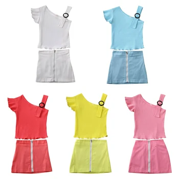 

2020 Fashion 1-6Y Children Little Girl Kids Summer Clothes Suit Girl 2 Piece Clothing One Shoulder Tops Matching Skirt 2Pcs Set