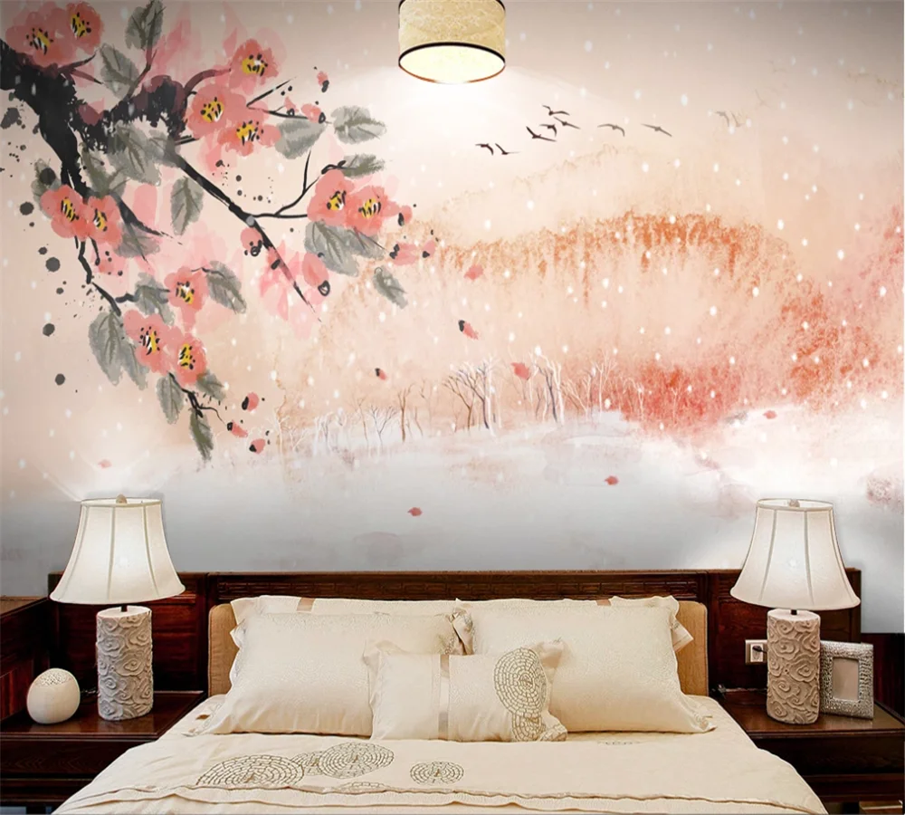Custom 3D wallpaper mural new Chinese style hand-painted flowers and birds background wall ink landscape peach painting
