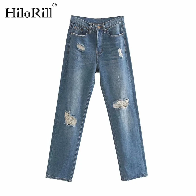Fashion Ripped Jeans Pants For Women High Waist Streetwear Cowboy Trousers Loose Casual Long Pants Ladies Bottoms Jean Femme