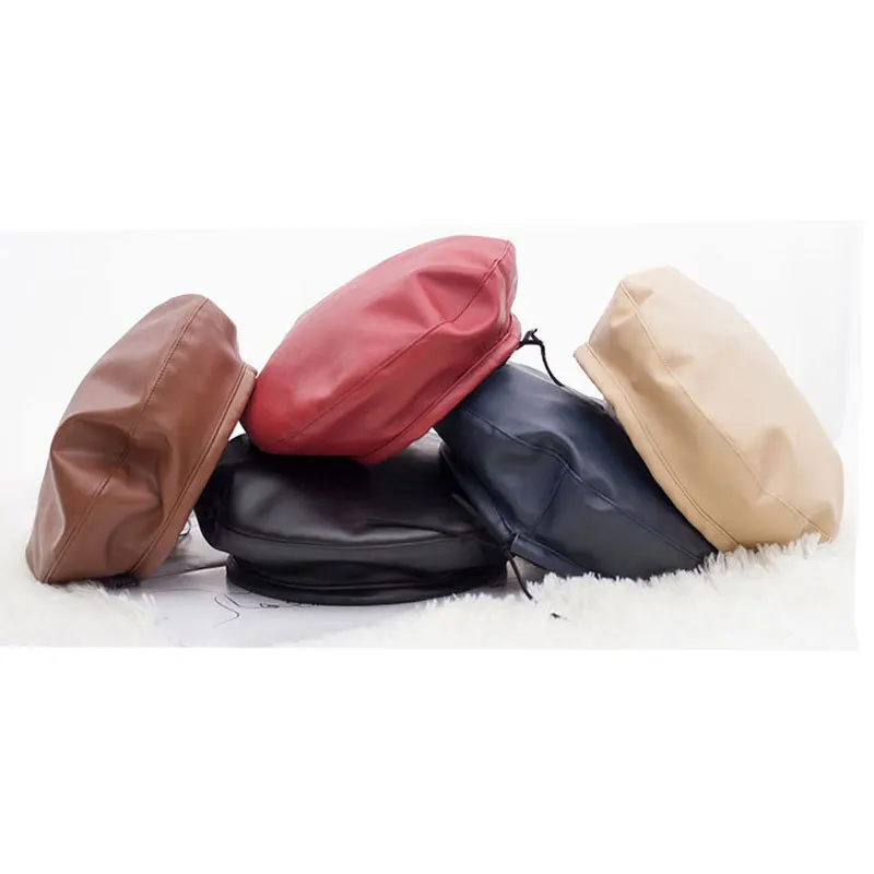 

Autumn And Winter New Style Korean-style Pu Hide Substance Beret Women's Leather Dome Covered Edge Painter Cap Women's Winter Fa