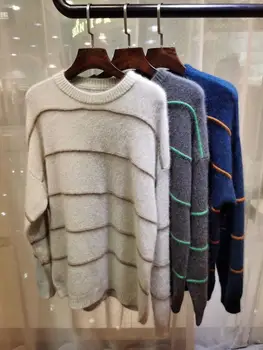 

2020 Winter Runway Fashion Pullover Sweater Women O-Neck Long Sleeve Striped Color Patchwork Popular Sweaters