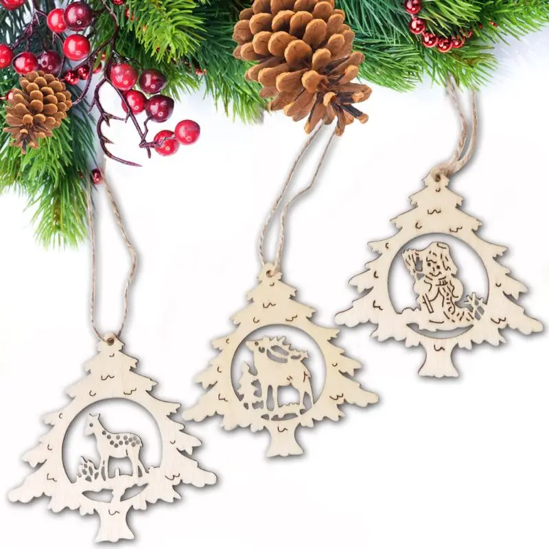 

3Pcs/Set Wooden Christmas Tree Hanging Decor Pendants Hollow Elk Snowman Hanging Ornaments for Xmas Party DIY Baubles