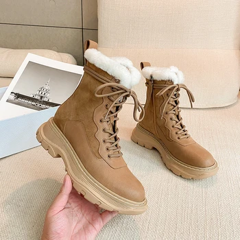 

2020 Genuine Leather Boots Comfortable Fashion Lace Up Snow Boots Winter Keep Warm Solid Color Ankle Boots Women