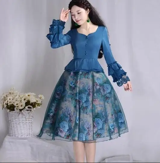 

Free Shipping High Quality Plus Size S-XXXL Elegant Fake Two Pieces Long Sleeve Flower Printed Ou Gensha Chiffon Long Dress