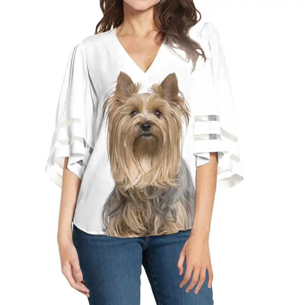 

FORUDEGINS White Yorkshire Terrier/Schnauzer Dogs Animal Print Pattern Women Blouse Half Sleeves ropa muje Black Friday Deals