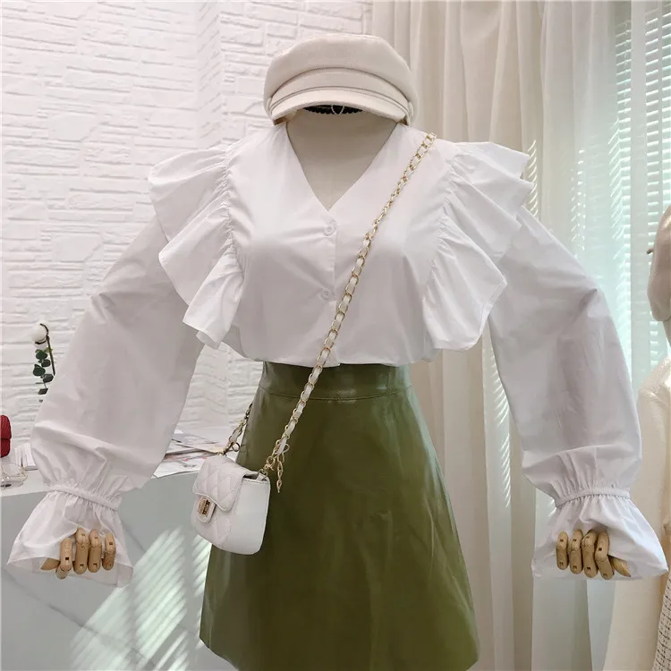 Новинка, осенние женские рубашки с оборками, однобортные, с длинным рукавом, в горошек, в западном стиле, Сказочная, не греется, блузка, рубашка