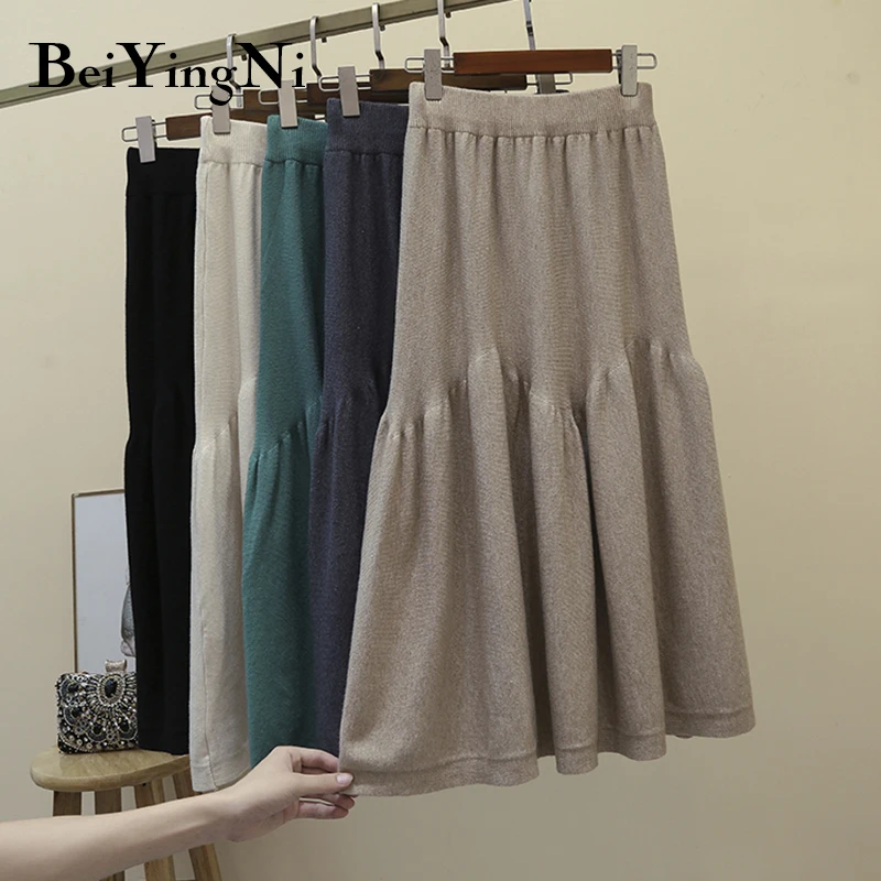 

Beiyingni Autumn High Waist Skirt Women Solid Color Casual Korean Knitted Skirts Womens Patchwork Vintage Slim 2019 Midi Skirt