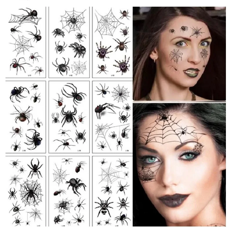 10pcs/Lot Temporary Spider tattoos Stickers Halloween 3D Waterproof Black Cobweb Scar Fake Tattoo For Face Body Art disposable | Красота и