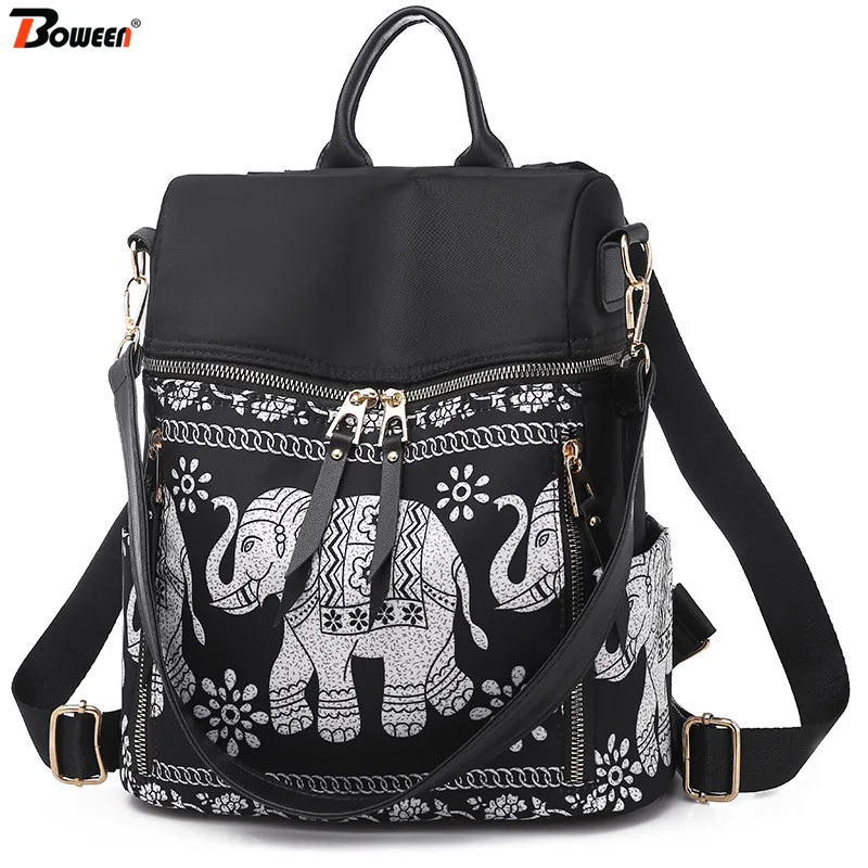 

Oxford Ethnic Backpack Women Small Elephant Print Bagpack for Teenage Girls Student Casual Backpack Female Black 2020 Spring New
