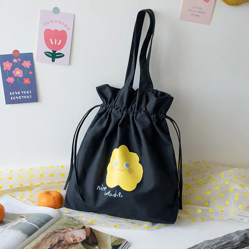 

Canvas cartoon printing women's big drawstring bag female book pouch shopping package bolso bolsa feminina for teenagers girls