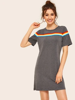 

Striped Tape T- Shirt Dress Rainbow Women Casual Summer Straight Knee-Length