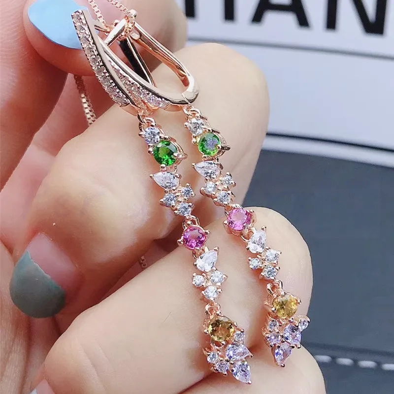 Натуральные турмалиновые серьги-кольца, 0.5ct* 2 шт драгоценные камни,, Настоящее серебро 925 пробы, хорошее ювелирное изделие# R99108