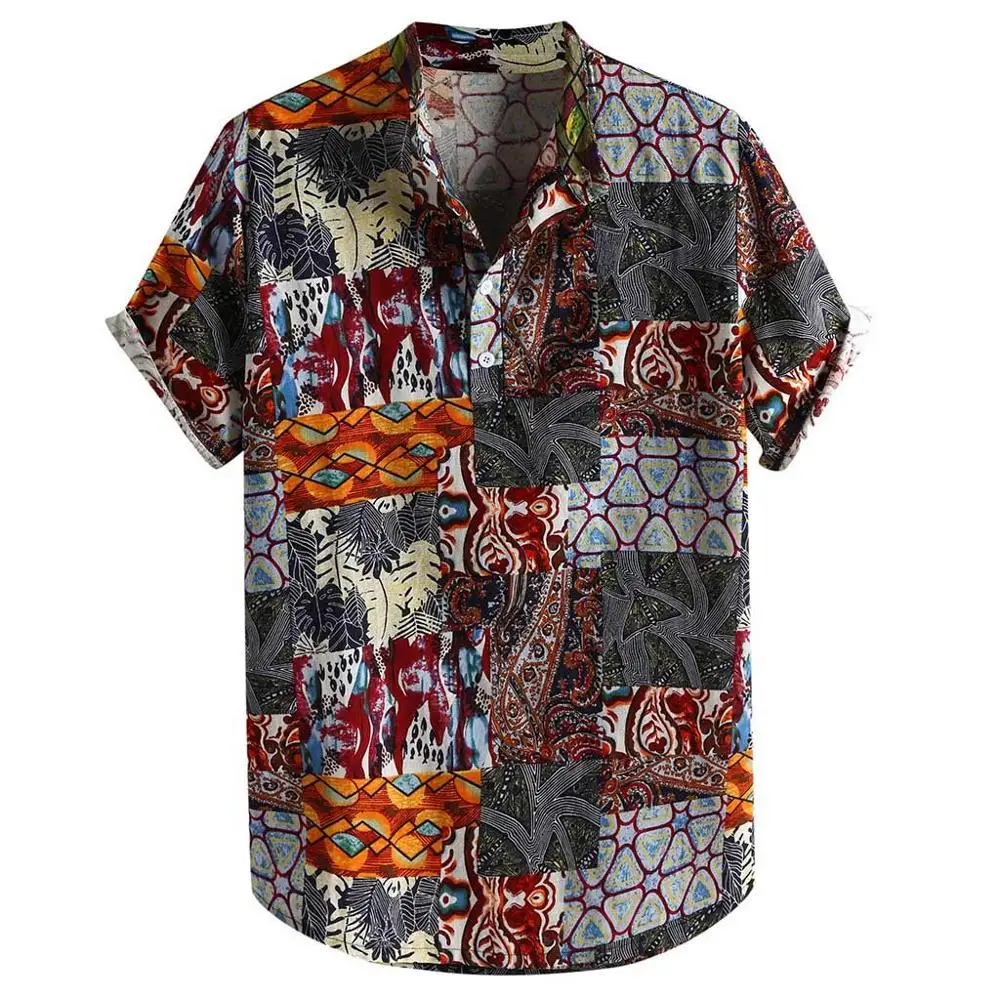 Красный Men's Vintage Ethnic Printed Turn Down Collar Short Sleeve Loose Casual Shirts fashion summer new high street tops - Цвет: Красный
